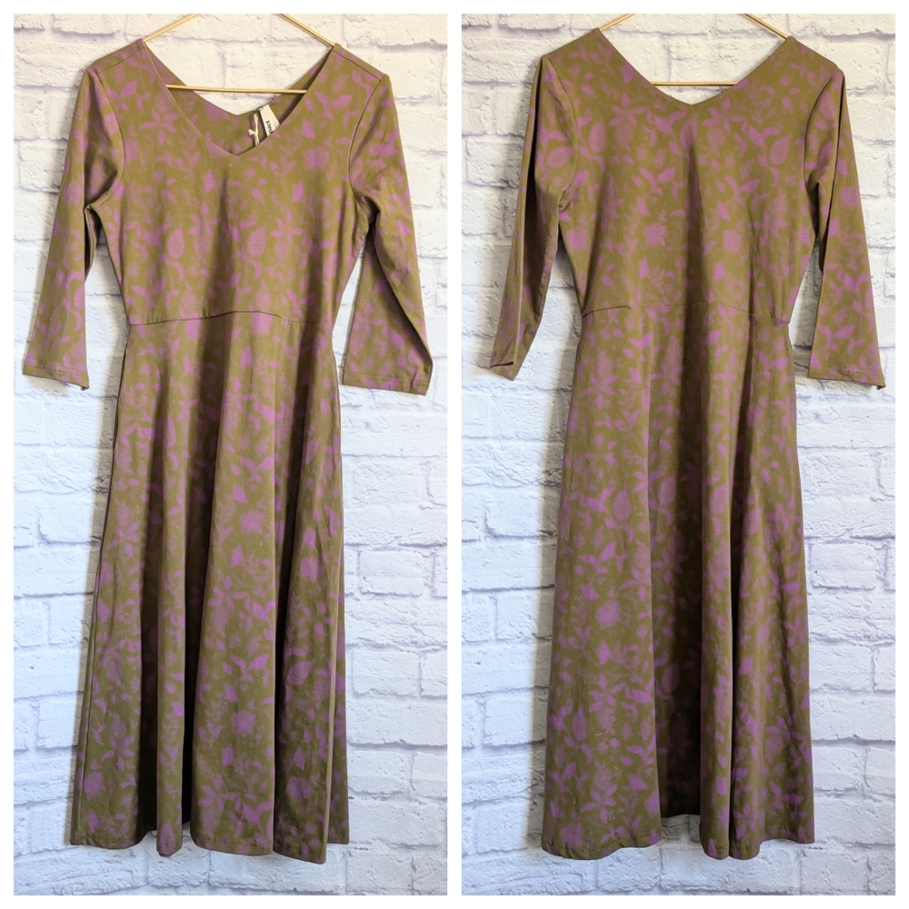 Pact Olive Green and Lavender Floral Midi Dress